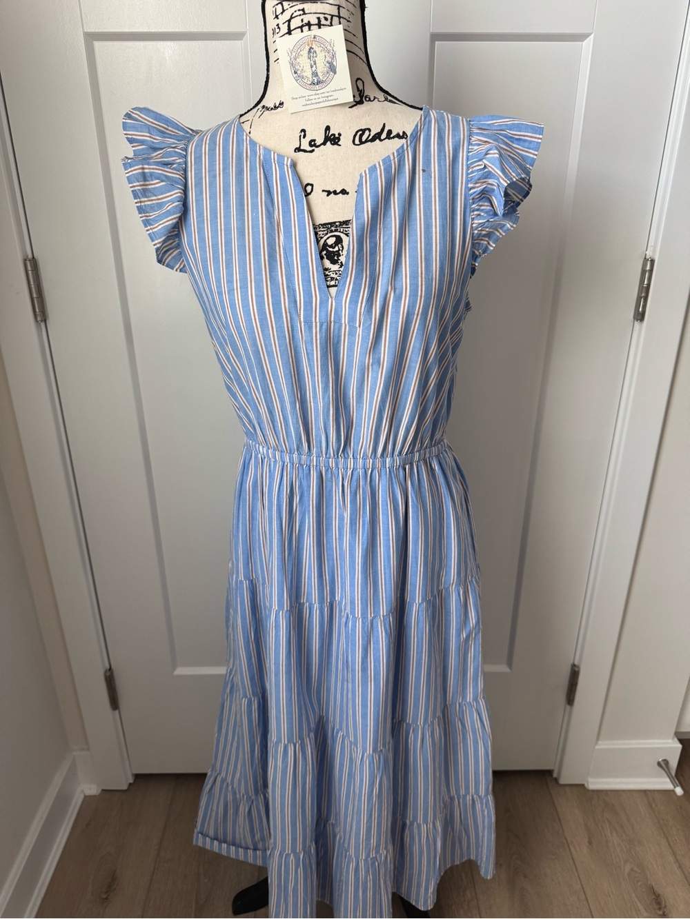 J. Crew Tiered Ruffle-Sleeve Midi Dress Blue Striped Sz 4 Preppy Coastal Resort